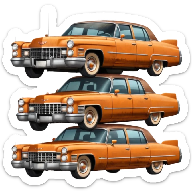 Cinematic realistic ultra HD - old abandoned Cadillac cars stacked in a pile sticker