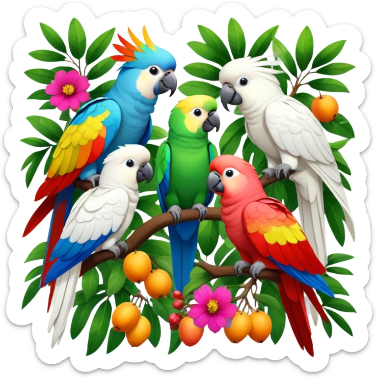 Close-up collage of vibrant Ara parrots and Inca cockatoos sitting on tree branches, surrounded by lush greenery. Bright colors of the birds stand out against a natural, sunny background of trees, flowers and fruits. Transparent background. sticker
