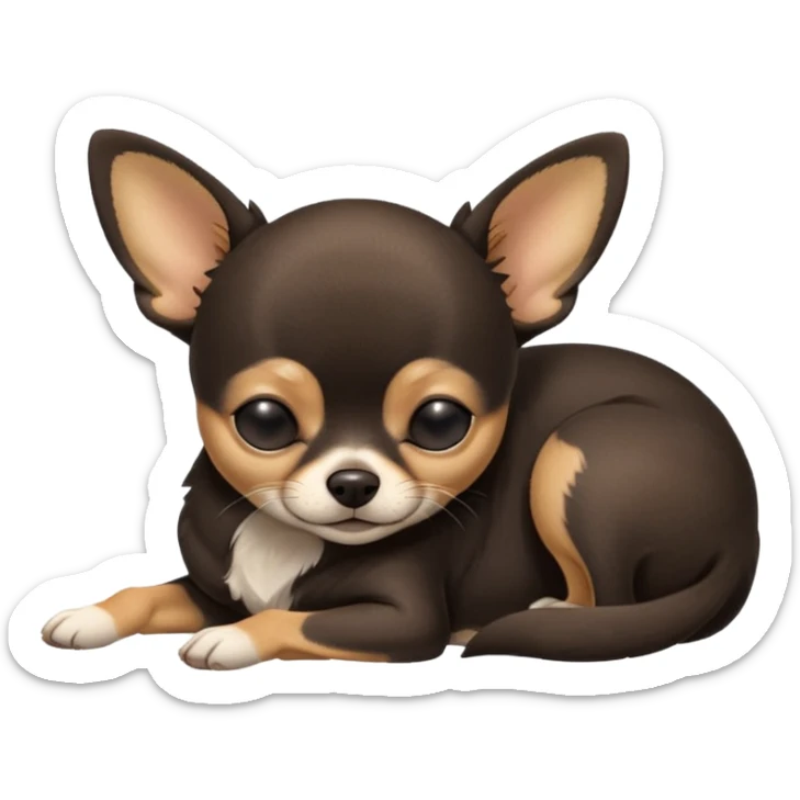 A high-resolution photo-realistic digital illustration of a  black with a bit of tan chihuahua with eyes closed shut sleeping lazily on the ground sticker