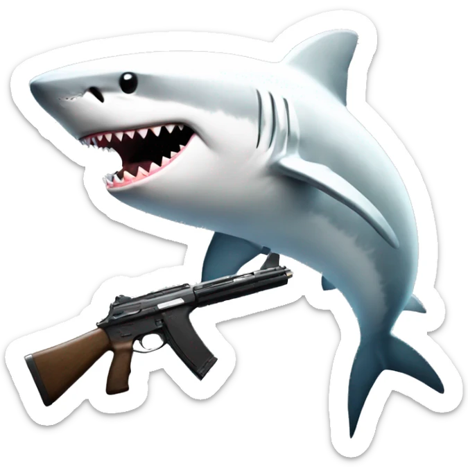 shark with a gun and a white shirt with an F letter thats black sticker