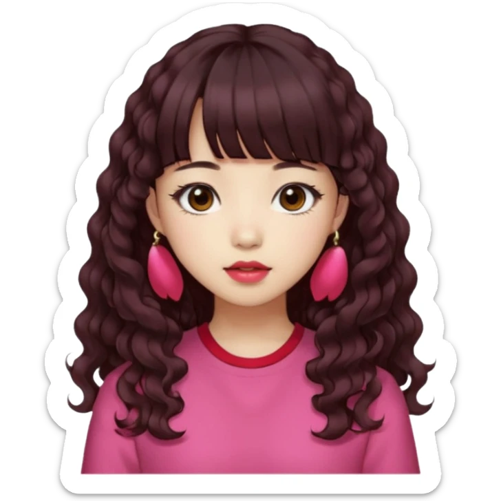 Korean girl, red top, black brown hair, brown eyes, long curly hair, aesthetic, long hair, hime cut, blunt bangs, pink lip, Cool girl sticker
