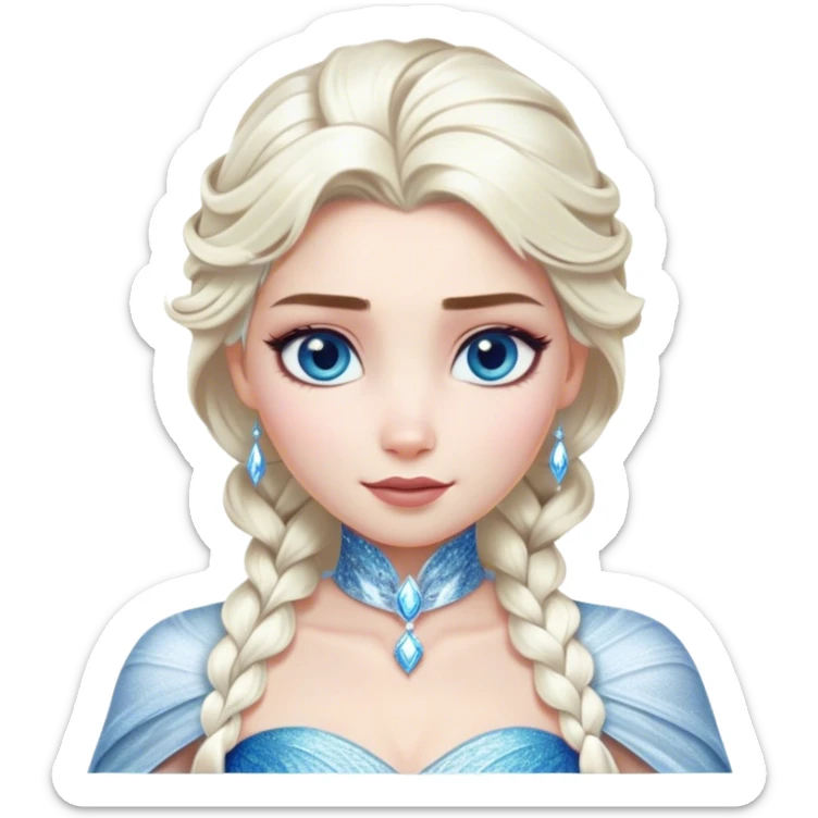 Cinematic Realistic Elsa Portrait, depicted with lifelike skin texture, soft natural lighting, and intricately detailed platinum blonde hair styled elegantly. Her striking, expressive blue eyes exude confidence and grace, complemented by a serene and regal expression. She is dressed in her signature icy attire, with shimmering fabric textures and delicate folds that catch the light beautifully. The portrait features a soft, enchanting glow with a cool, radiant finish, capturing the essence of timeless elegance in a realistic and painterly style, evoking a sense of depth and authenticity. sticker