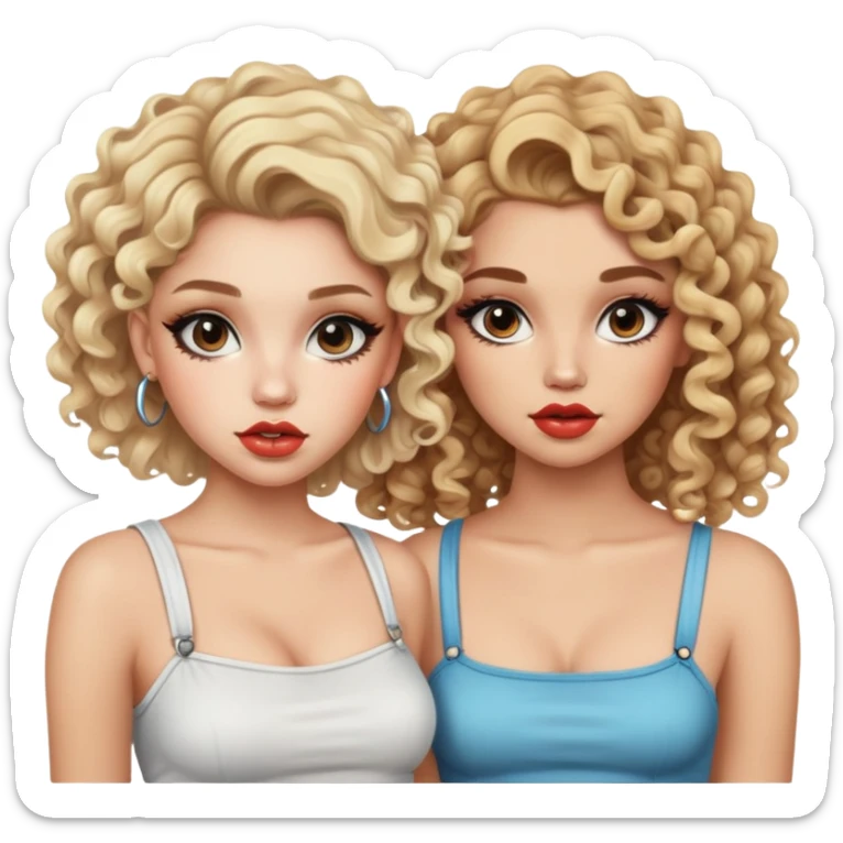 Two teenage girls together, one blonde and one with curly brown hair, both with heavy makeup, big lips, crop tops and choni style clothing sticker