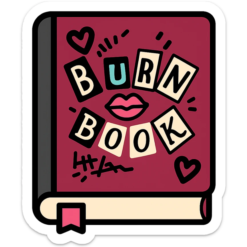 stylized icon of a Mean Girls burn book, burgundy color, with cut-out letters and doodles sticker