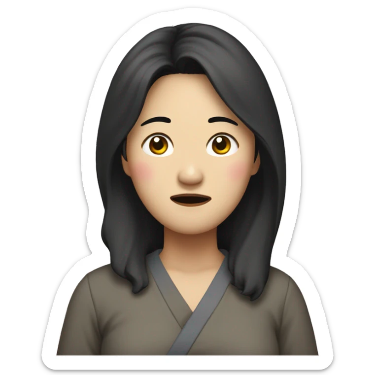 Middle-aged Korean woman in her 40s, with only one hand on her head, distressed face, black hair sticker