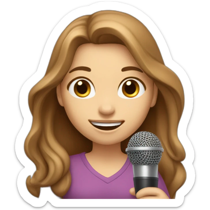 Caucasian girl with long Brown hair holding a michophone singing happy sticker