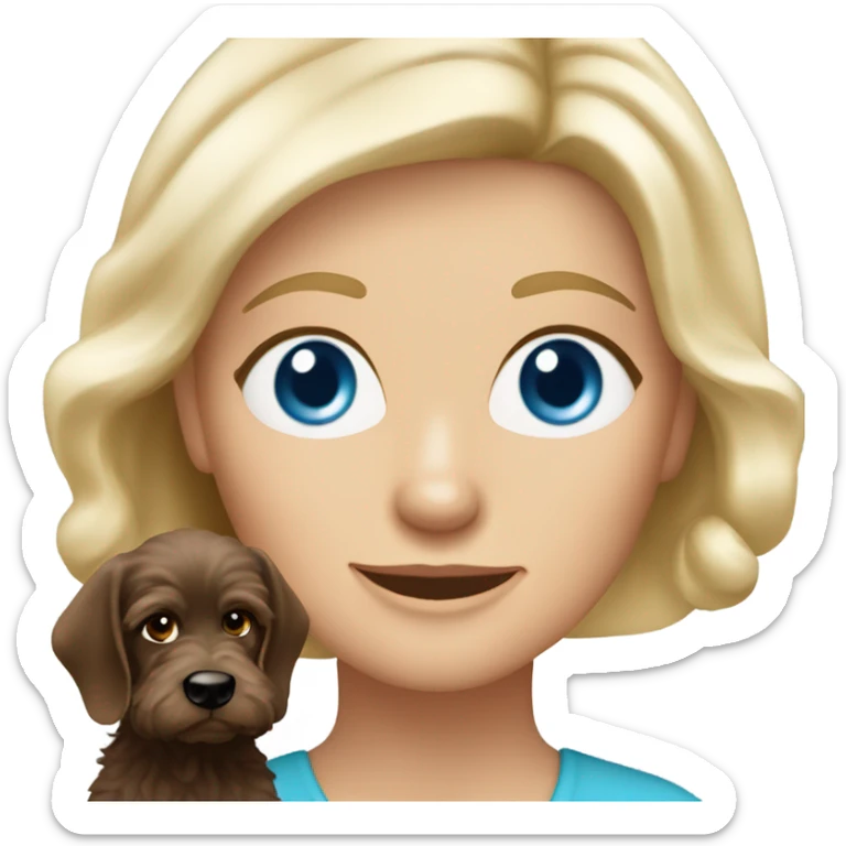 62 year Old blue eyed blonde lady with long straight hair with dark brown Cockapoo puppy dog sticker