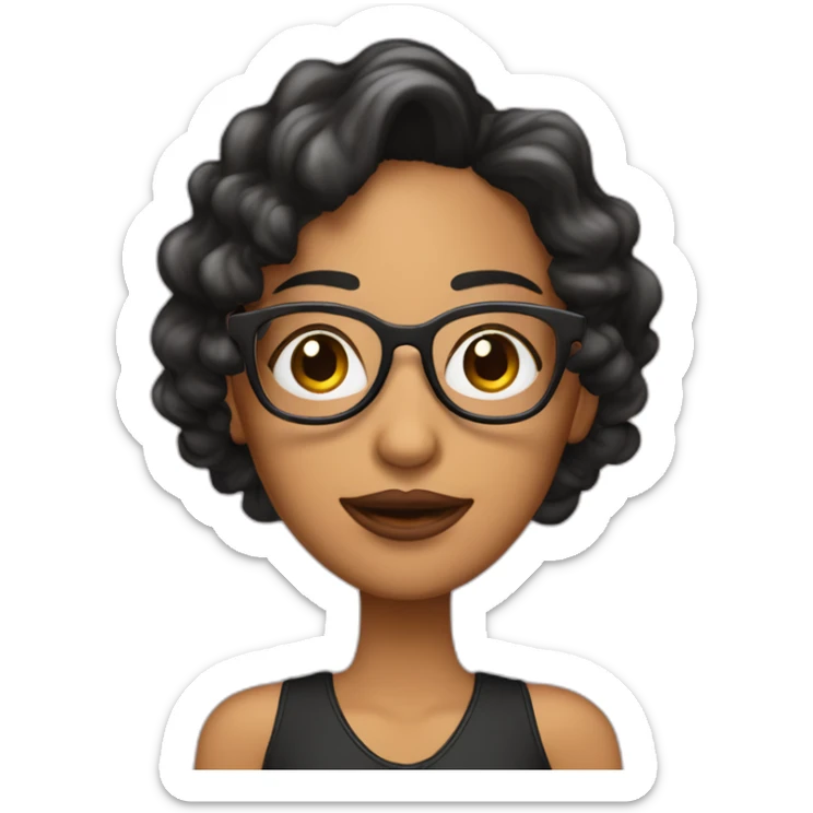 Chica con cabello rizado largo color castaño, piel clara y que use lentes rosa palo y sus ojos medianos color negro   sticker