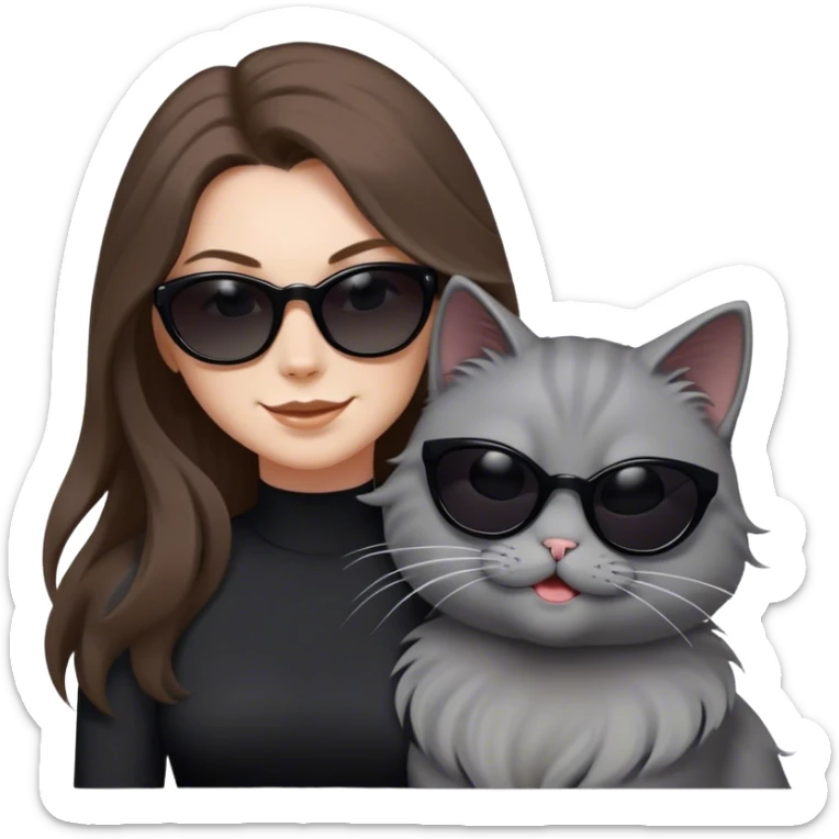 White woman with long brown hair wearing dark sunglasses and a black dress. She is smirking. next to her is a fluffy light grey cat who is also wearing dark sunglasses. The wind is blowing their hair and they are having fun sticker