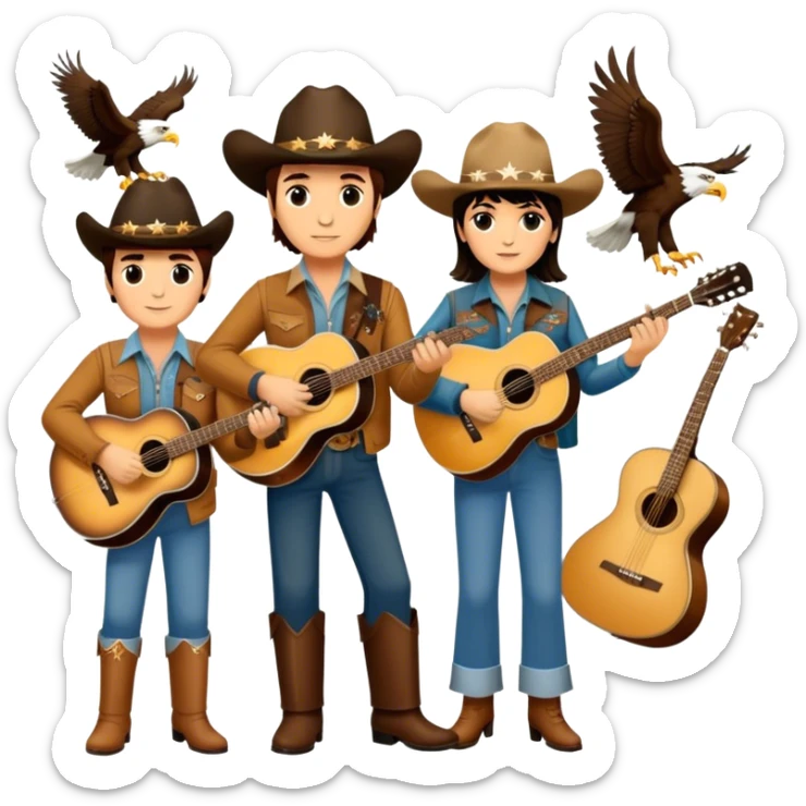 Icon for Country Music: A collage featuring Eagles as a band, Ricky Nelson, and Linda Ronstadt. Acoustic guitars, banjo, cowboy hats and a vintage Americana aesthetic evoke the spirit of classic country and country rock. Warm earthy tones. Transparent background. sticker