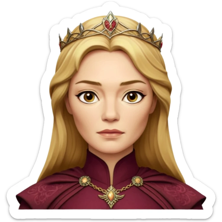Cinematic Realistic Cersei Lannister Portrait, depicted with lifelike skin texture, subtle rosy undertones, and soft natural lighting that enhances the gentle contours of her face. Her intricately detailed golden blonde hair is elegantly styled , sticker