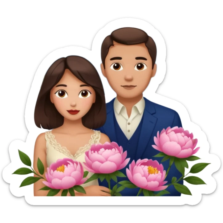 Couple traveling in Montenegro russian man and elegant  Latina girl delicate peonies and mountains in the background  sticker