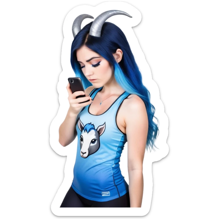 Disapponted-big tears-head back texting on phone-very very large upper body-sexy face-bending forward at waist-very long very straight dark blue to light blue ombre hair-and-blue eyes-thick black eyeliner-cute goat horns-iridescent blue lowcut tanktop with black leggings with glitter superman logo sticker