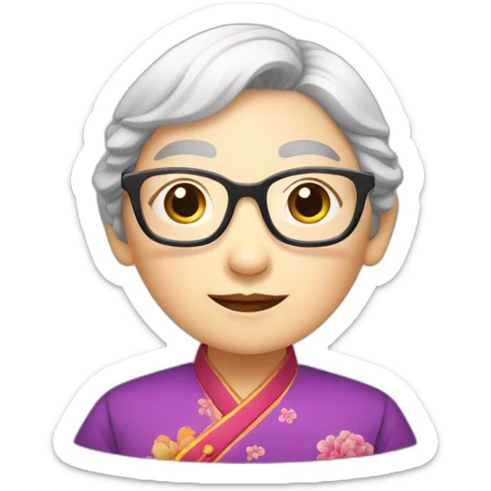 Chinese seniors lady wear Chinese traditional dress wear glasses show appreciation sign sticker