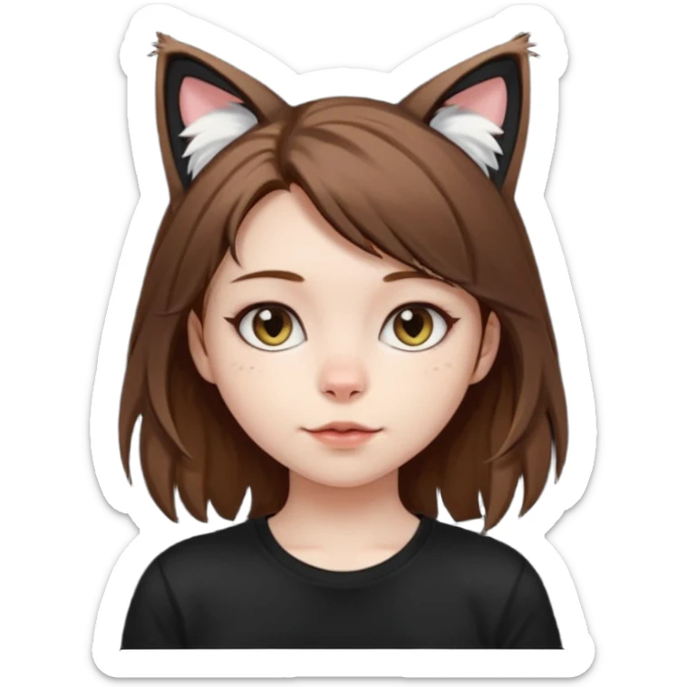 a girl with pale skin, shoulder lengh brown hair with lots of dandruff , cat ears and a tail, with a black t-shirt on sticker