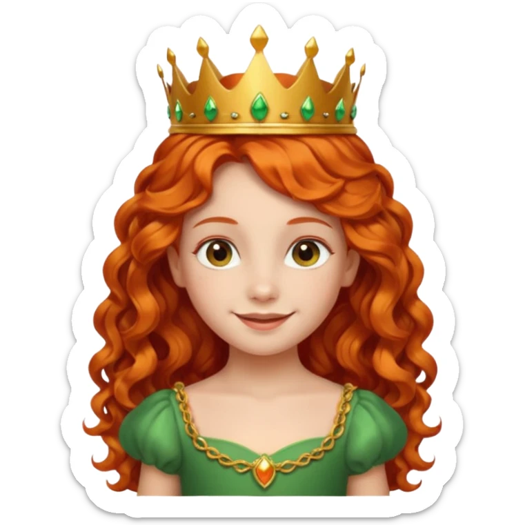 girl kid, Princess with long curly red orange hair, green dress, small crown sticker