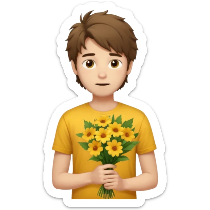 generate an ios genmoji of a 20 year old fair boy with brown long and messy hair with faint beard on cheeks. carrying a flower bouquet, wearing a yellow tshirt, looking shy.  sticker