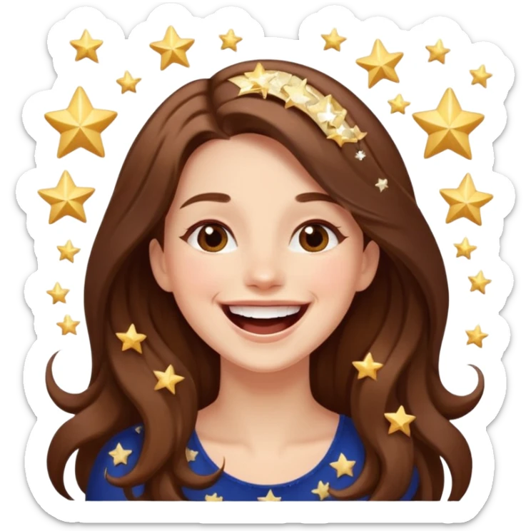 woman with long brown hair laughing with stars and sparkles, light beige sticker
