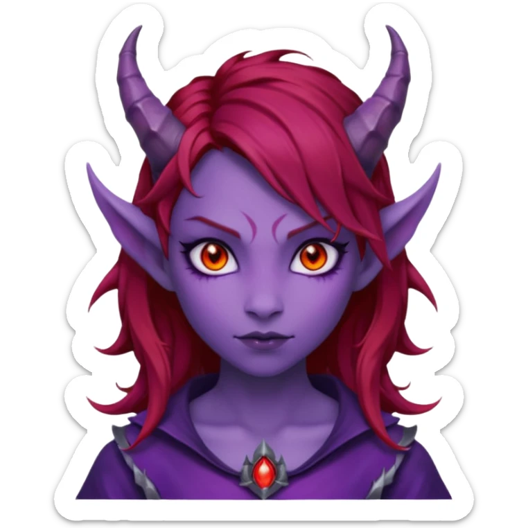 Demon Girl Purple Skin Dragon Horns Black Eyes Red Glowing Pupils Auburn Haired Red Shirt  sticker