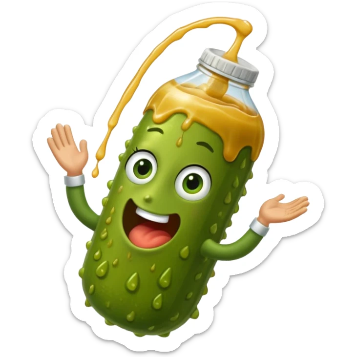 a cartoon pickle with juice squirting from the top of it, being squeezed by a hand sticker