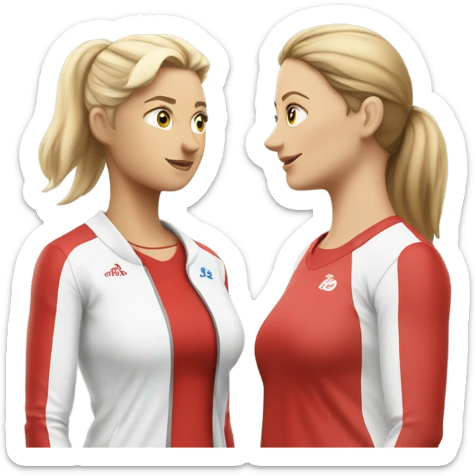 2 white woman in sportswear talking, one is red color sticker