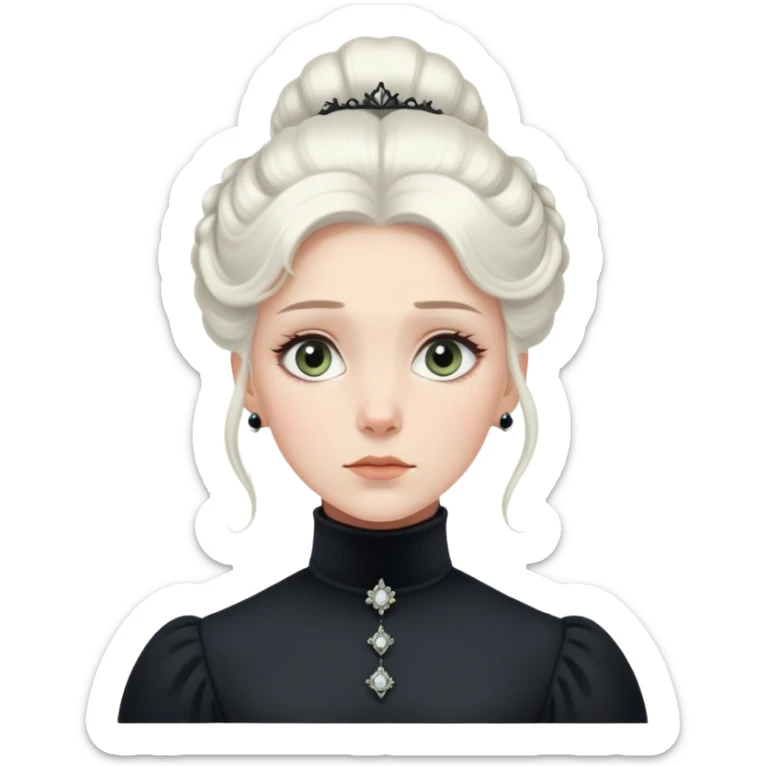 Victorian-era white woman with white coiffed hair, light eyes, wearing a simple dark turtleneck Victorian gown, with a dropped jaw in awe and wonder sticker
