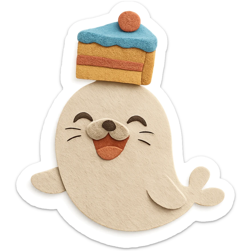 cutie baby seal balancing cake on head with laughing face in paper-craft style sticker