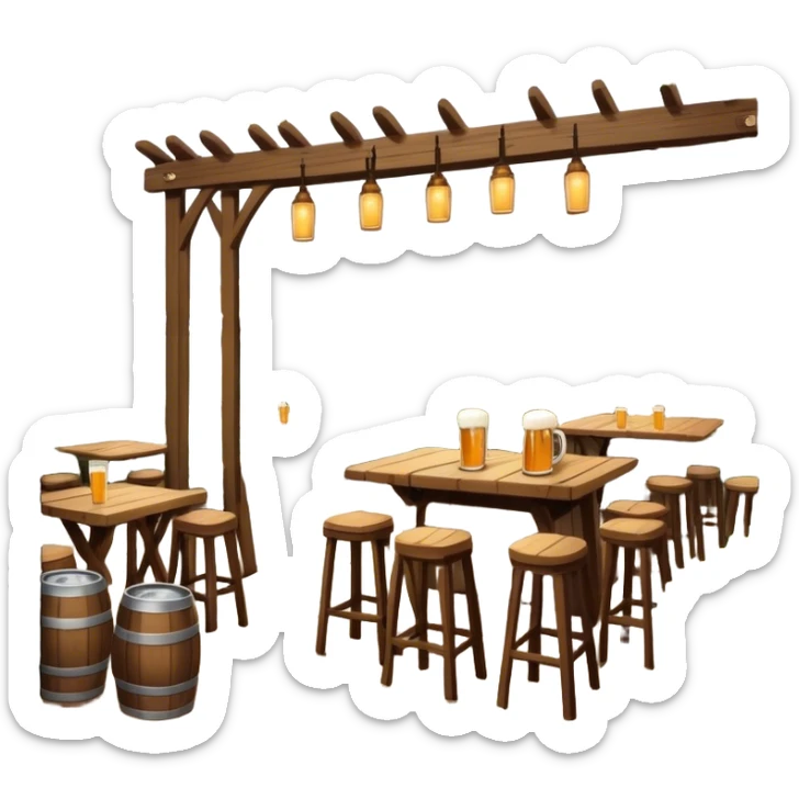 Cinematic Realistic Biergarten Pop Culture Emoji, showcasing a charming outdoor beer garden scene rendered with rustic details and inviting, soft lighting. sticker