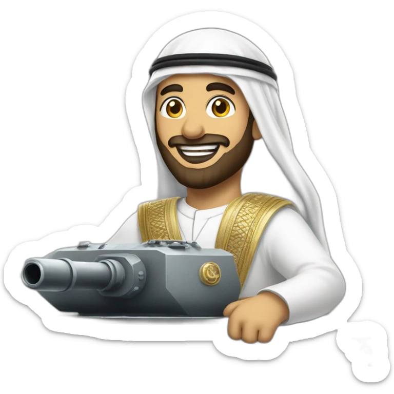 prince from Saudi Arabia with a beard in a white  shemagh national headdress riding  on a tank, smiling sticker
