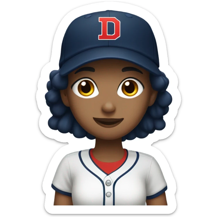 Dark hair girl who wearing navy ballcap emblazoned with a red D initial and wearing baseball uniform sticker