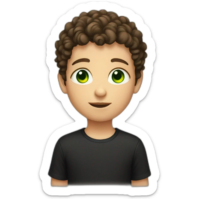 Young boy with short brown curly hair and black tee shirt and green eyes sticker