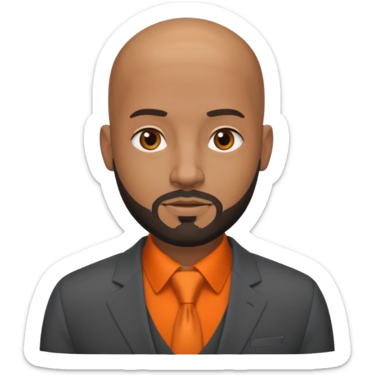 headshot of a sophisticated, stylish, bald head, small eyes Caribbean black man with a beard and goatee in a dark gray suit and orange shirt sticker