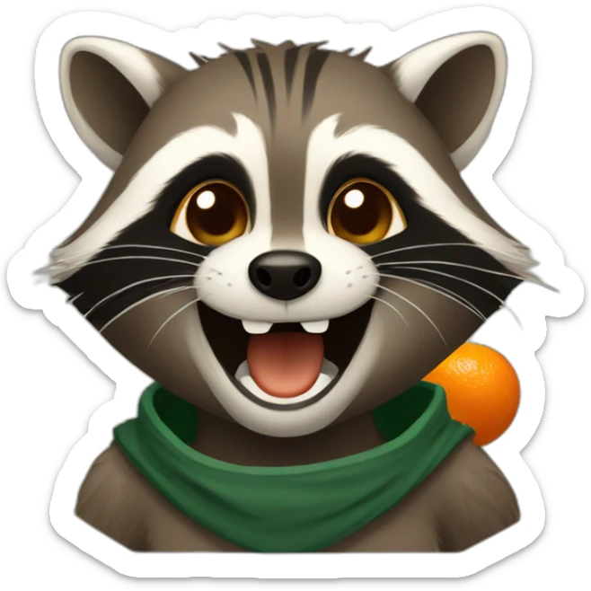a small brown raccoon with orange eyes and a dark green hood that is laughing sticker