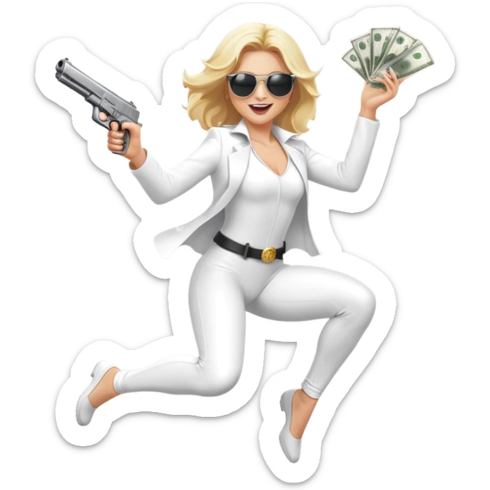 Mafia blondes woman Jumping for joy , in sunglasses, gun ,money , white costume  sticker