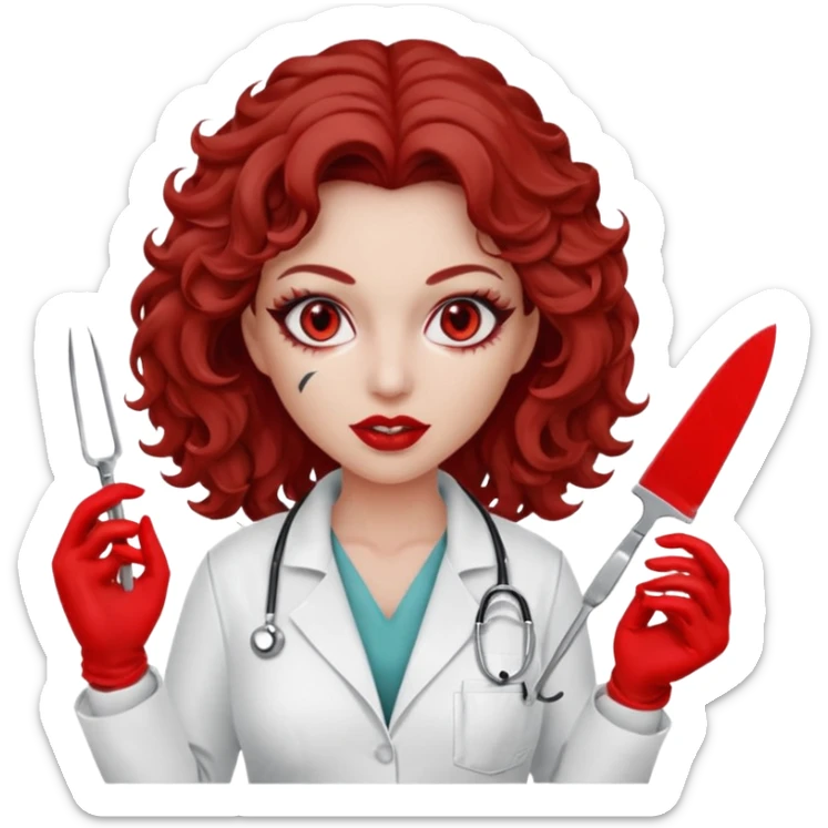 Scary woman scalpel in hand, evil surgeon sexy surgeon clothes.  She has red eyes. Her  brown long curly hair. Wears sexy doctor outfit with red gloves. make her hair free and brown but she  wear mouth cover   to hide. Wears white surgeon jacket and sticker