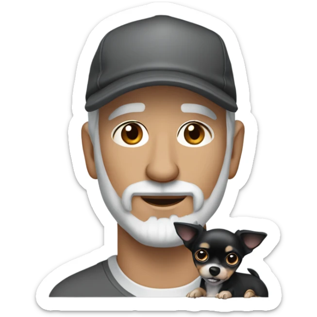 Older man blue eyes gray hair gray goatee in ball cap holding black longhair chihuahua  sticker