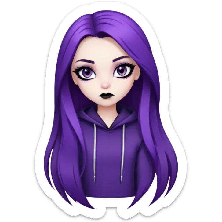 emo alternativ purple long hair, pale skin,  brown iris, pretty bratz baddie, strong black eyeliner sticker