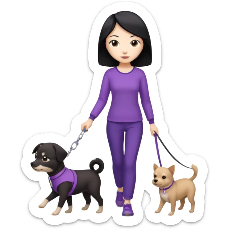 black hair Chinese woman wearing purple top and black pants walking 1 small light brown dog sticker