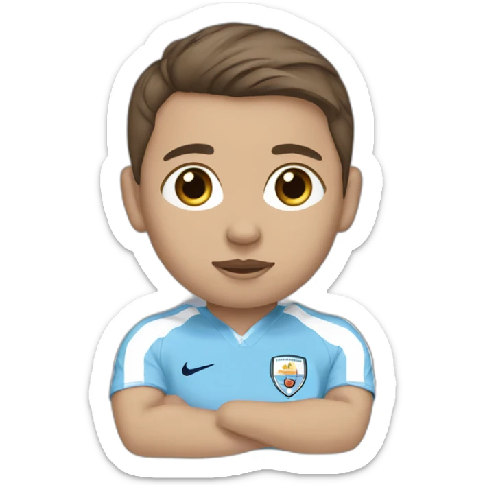 baby brown hair and eyes wearing Manchester City football shirt sticker