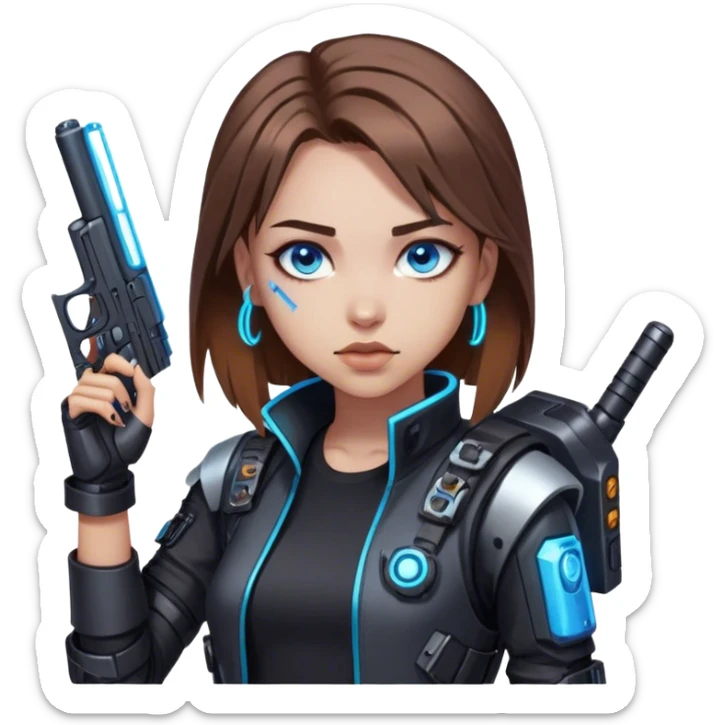 Neon cyberpunk style 
girl with brown hair and blue eyes 
shoots sticker