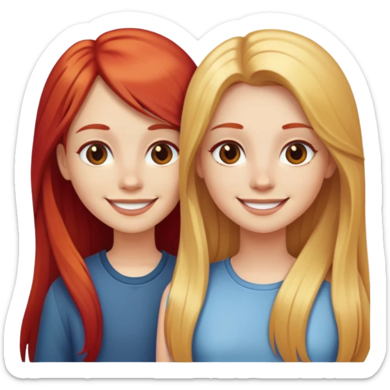 Two girls smiling with long blonde hair and red hair sticker