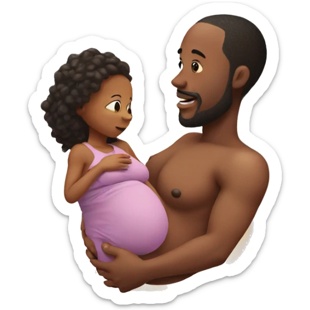 Pregnant man with a huge womb holding a toddler playing with his belly sticker