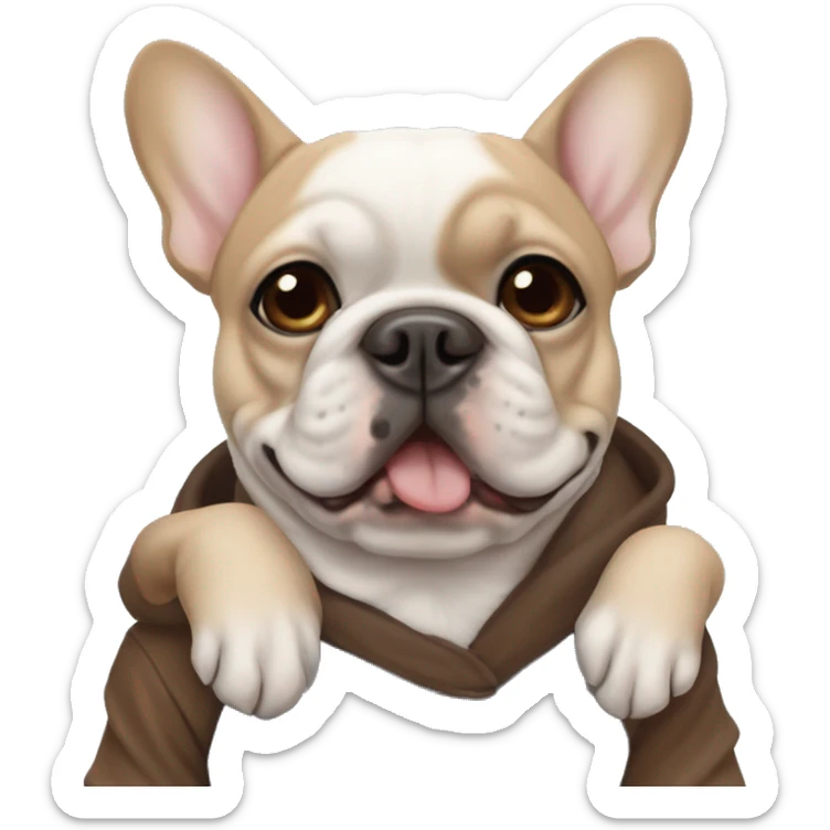 A brown French bulldog with a dark muzzle sits in the arms of a girl with short dark hair and blue eyes sticker