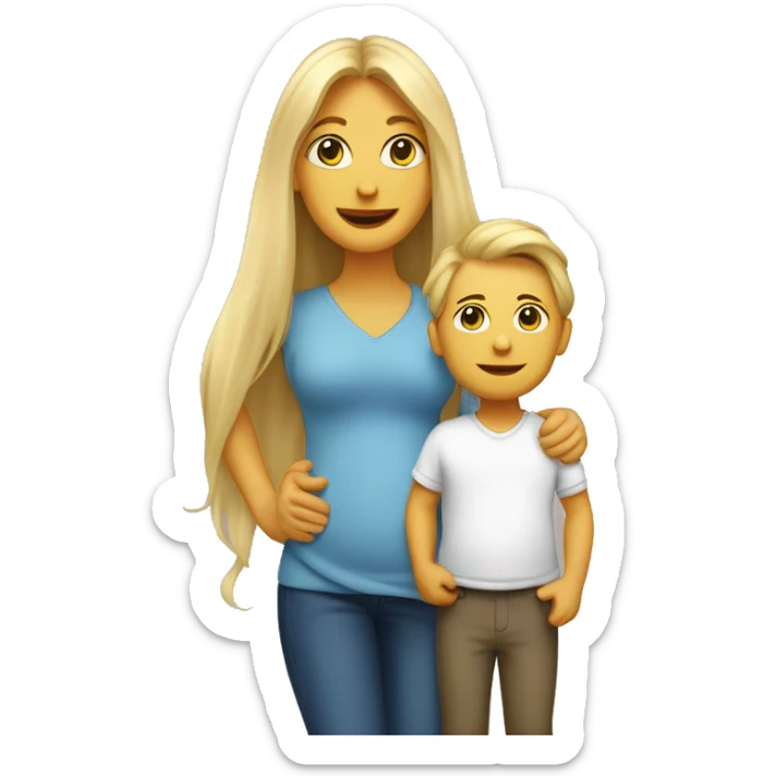 An emoji of a mother with long, flowing blonde hair standing confidently, next to her husband. In her arms, or in front of them, is a baby boy, representing a happy and loving family sticker