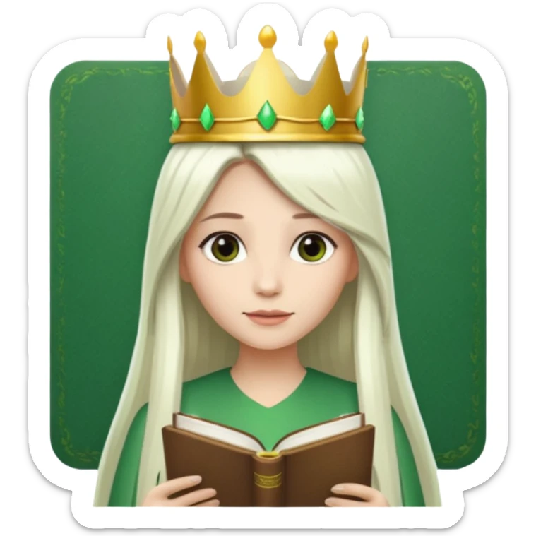 Long Hair Women with green Book, White straight hair, crown

 sticker