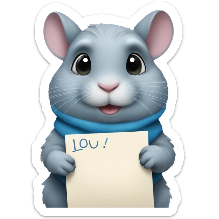 blue hair chinchilla stand up and holds a pape which is written i love u sticker