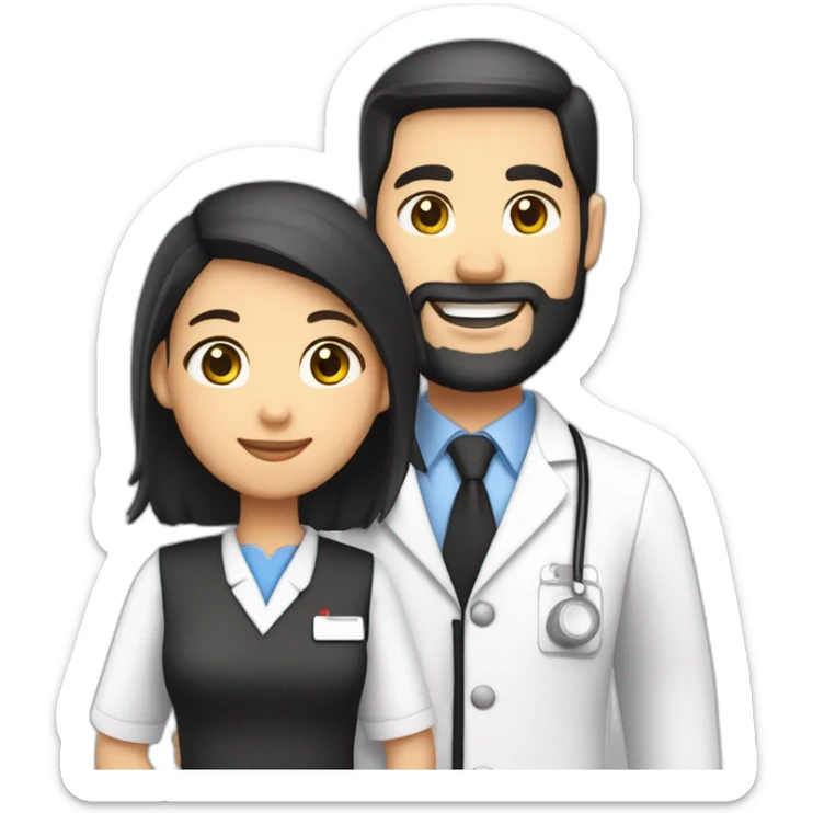 husband american 55 dark hair trimmed beard business suit pastor holding bible, wife asian age 55 black shoulder length hair wearing nurse uniform and nurse cap, no children sticker
