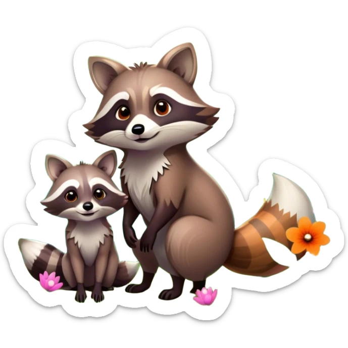 raccoon and a fox among a colorful forest with vibrant green trees, bushes and flowers. The animals are in the foreground, surrounded by a lush, bright forest, with soft sunlight filtering through the leaves. A playful and wild scene with a transparent background. sticker