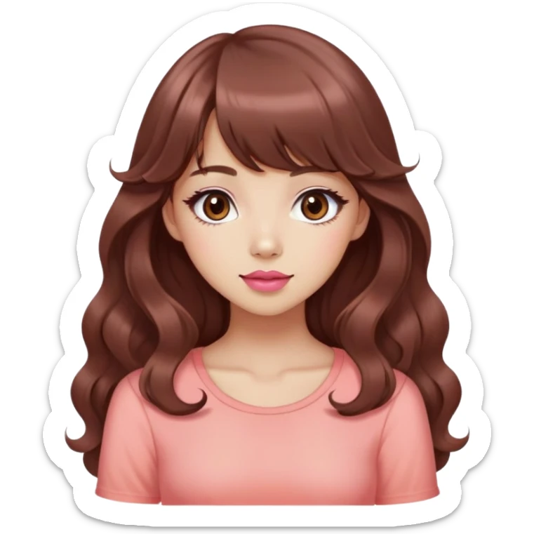 cute woman, light tan skin, big dark brown eyes, very long wavy auburn hair, bangs, pink top, coral lipstick, kawaii pose sticker