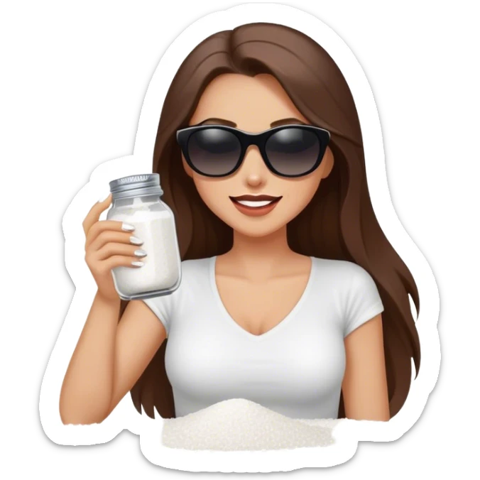 sassy woman with long brown hair and dark sunglasses holding a salt shaker filled with white table salt. She is shaking and sprinkling the salt. She is smirking.  sticker